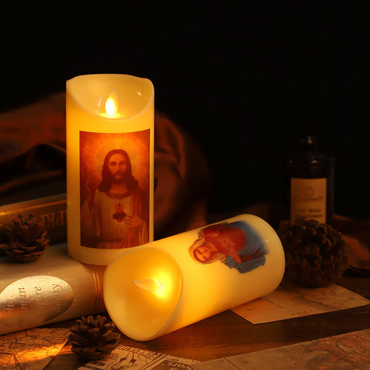Christianartworkshop Classic Style Jesus & Mary Sacred Heart LED Electronic Candle Set Desktop Decorations Ornament