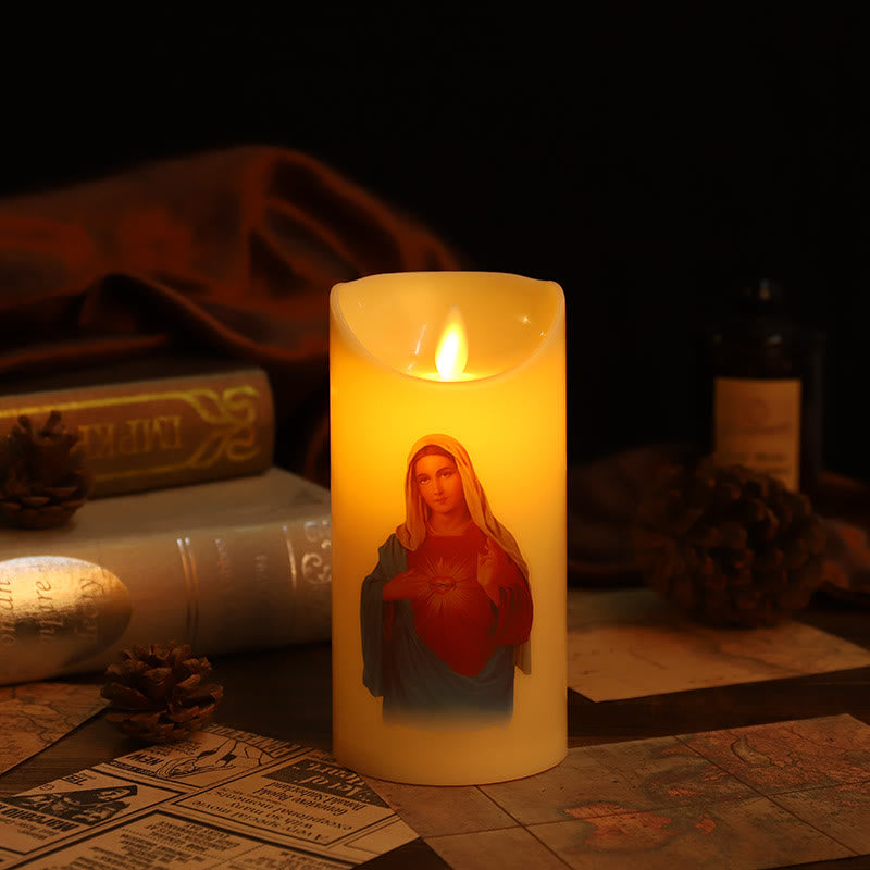 Christianartworkshop Classic Style Jesus & Mary Sacred Heart LED Electronic Candle Set Desktop Decorations Ornament