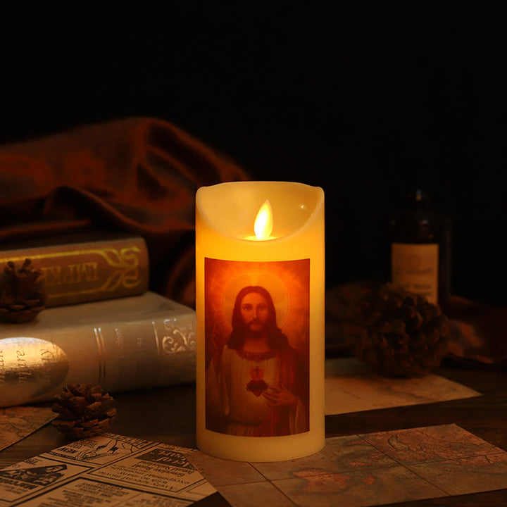 Christianartworkshop Classic Style Jesus & Mary Sacred Heart LED Electronic Candle Set Desktop Decorations Ornament
