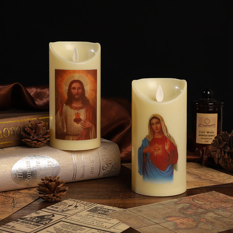 Christianartworkshop Classic Style Jesus & Mary Sacred Heart LED Electronic Candle Set Desktop Decorations Ornament