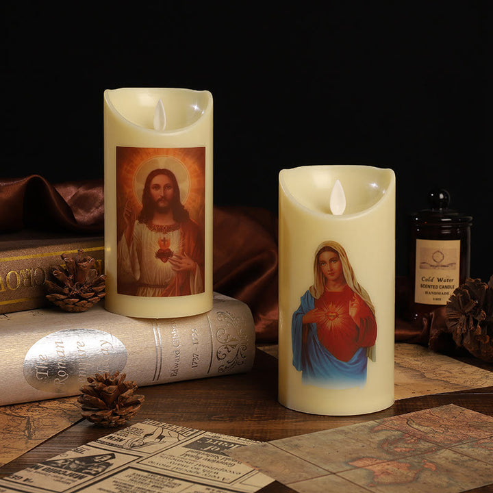 Christianartworkshop Classic Style Jesus & Mary Sacred Heart LED Electronic Candle Set Desktop Decorations Ornament