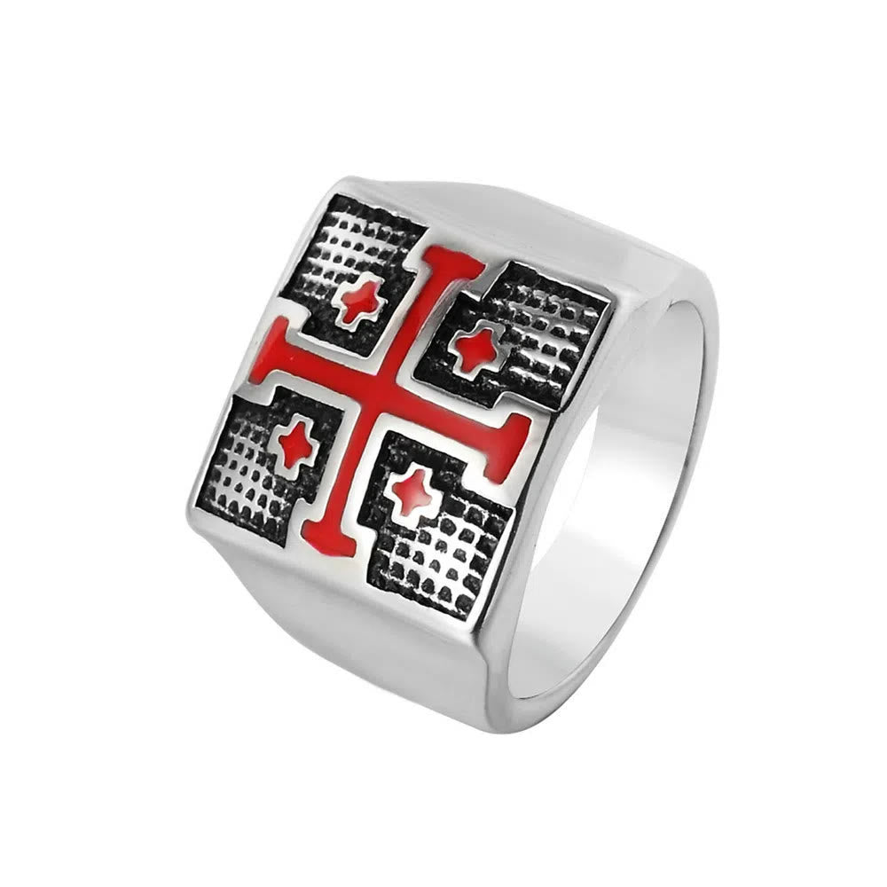 Christianartworkshop Modern Style Heraldic Knight's Signet Enamel Cross Ring - Silver - UK Size Z（US 13） - image 0