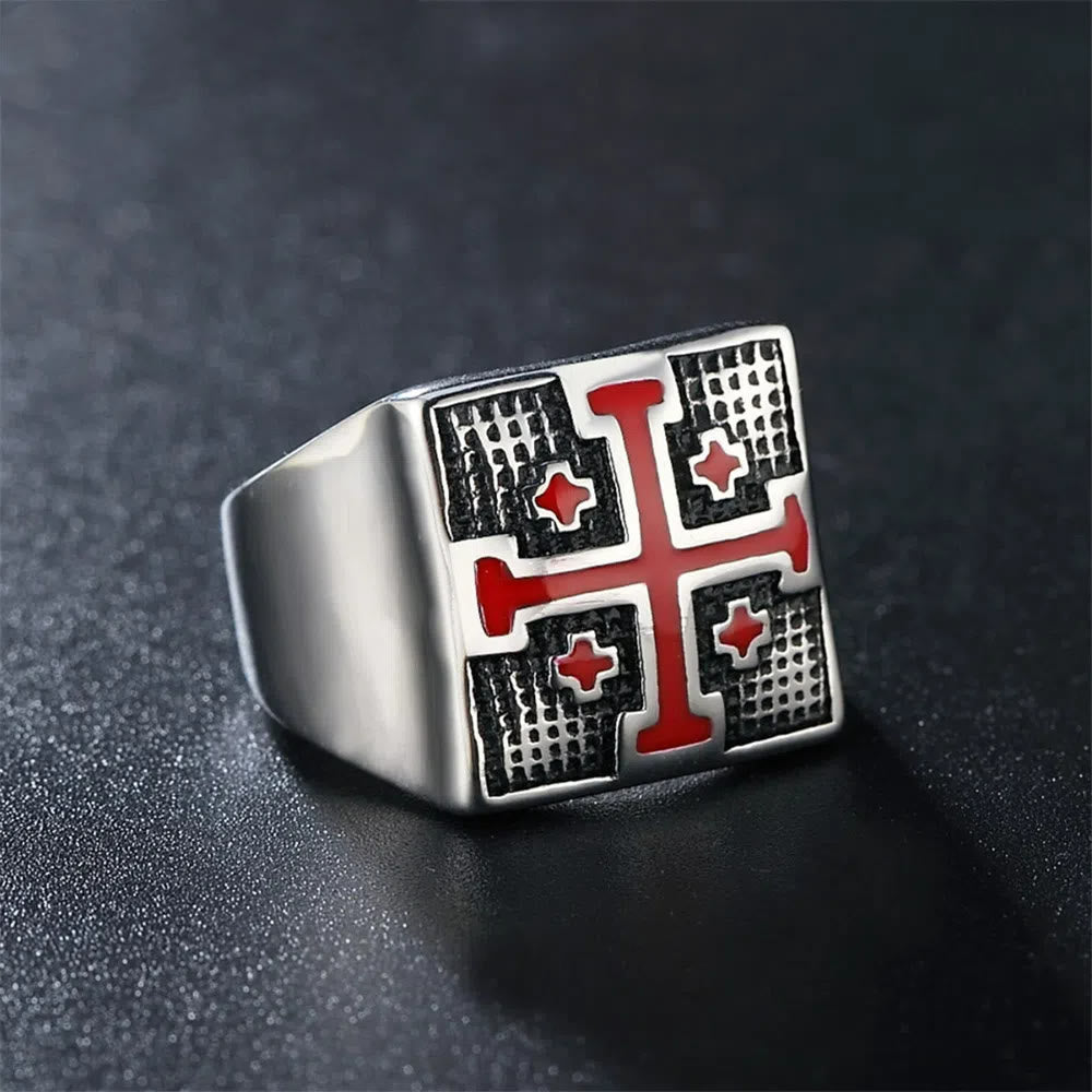 Christianartworkshop Modern Style Heraldic Knight's Signet Enamel Cross Ring - image 1