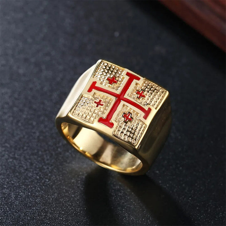 Christianartworkshop Modern Style Heraldic Knight's Signet Enamel Cross Ring - Gold - UK Size Z（US 13） - image 2