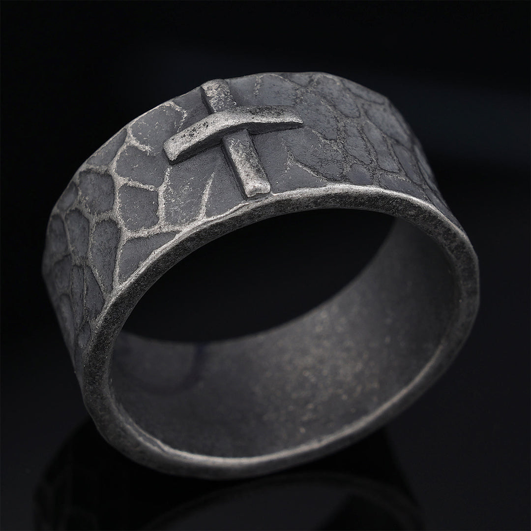 Christianartworkshop Vintage Style Ancient Texture Forged Stone Cross Ring - UK Size Z+2（US 15） - image 0