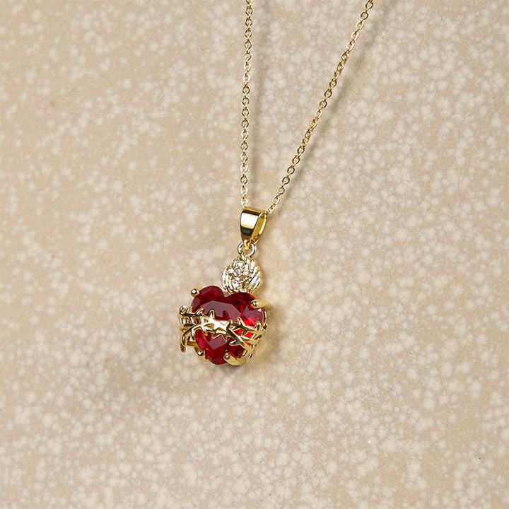 Modern Style Crafted Red Gemstones Sacred Heart of Jesus Pendant Necklace - image 7