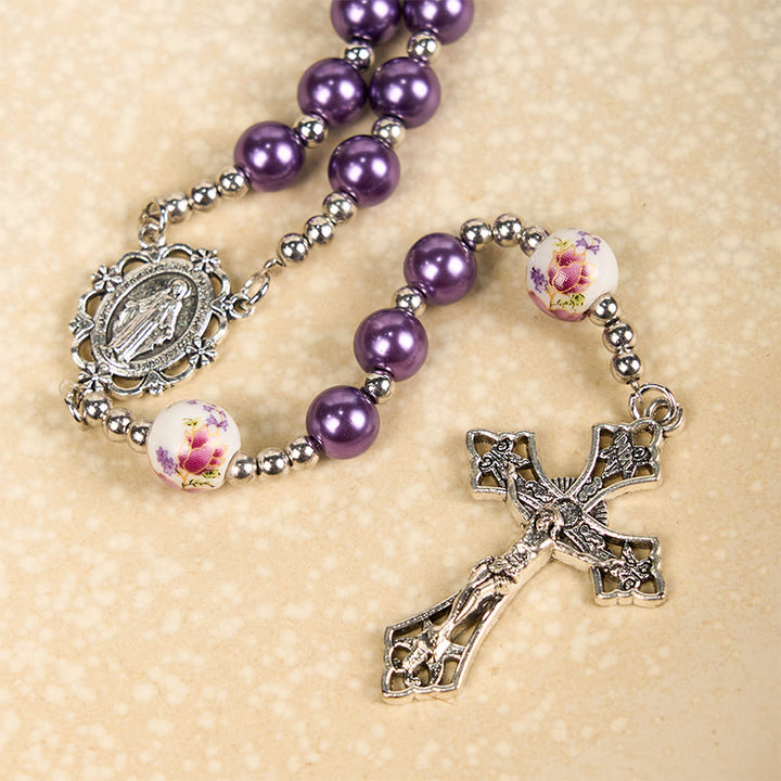 Christianartworkshop Miraculous Medal & Crucifix of 10mm Round Multicolor Pearl/Ceramics Rosary