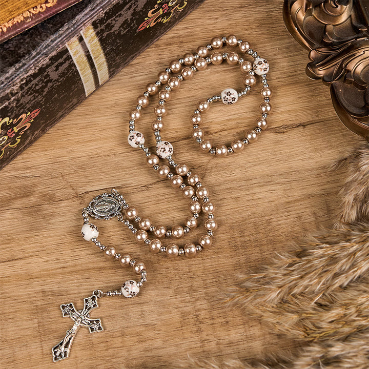 Christianartworkshop Miraculous Medal & Crucifix of 10mm Round Multicolor Pearl/Ceramics Rosary