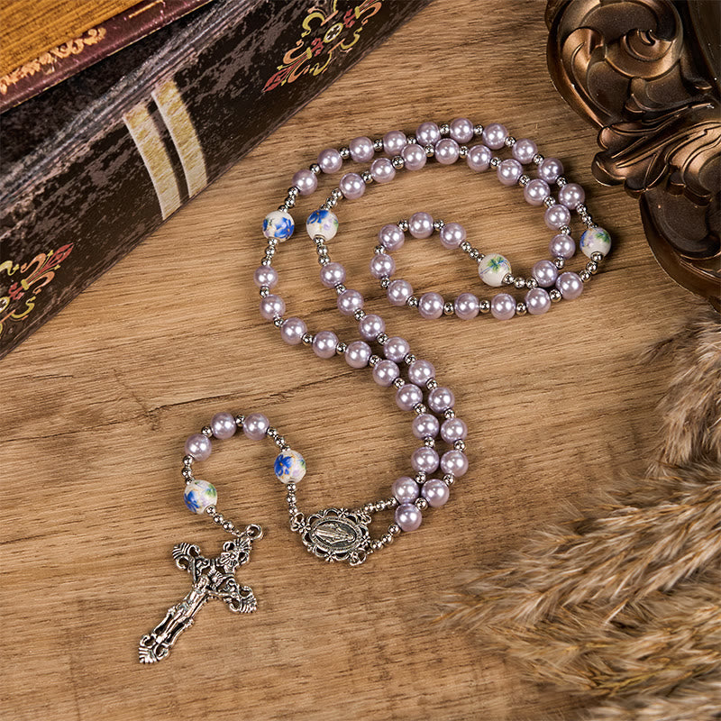 Christianartworkshop Miraculous Medal & Crucifix of 10mm Round Multicolor Pearl/Ceramics Rosary