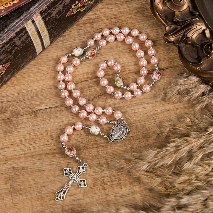 Christianartworkshop Miraculous Medal & Crucifix of 10mm Round Multicolor Pearl/Ceramics Rosary