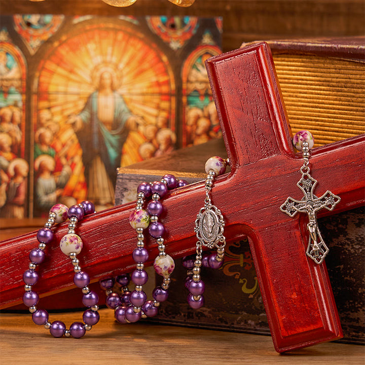 Christianartworkshop Miraculous Medal & Crucifix of 10mm Round Multicolor Pearl/Ceramics Rosary