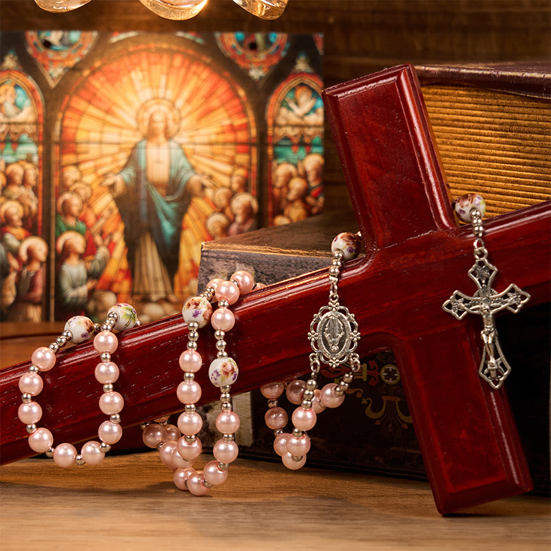 Christianartworkshop Miraculous Medal & Crucifix of 10mm Round Multicolor Pearl/Ceramics Rosary