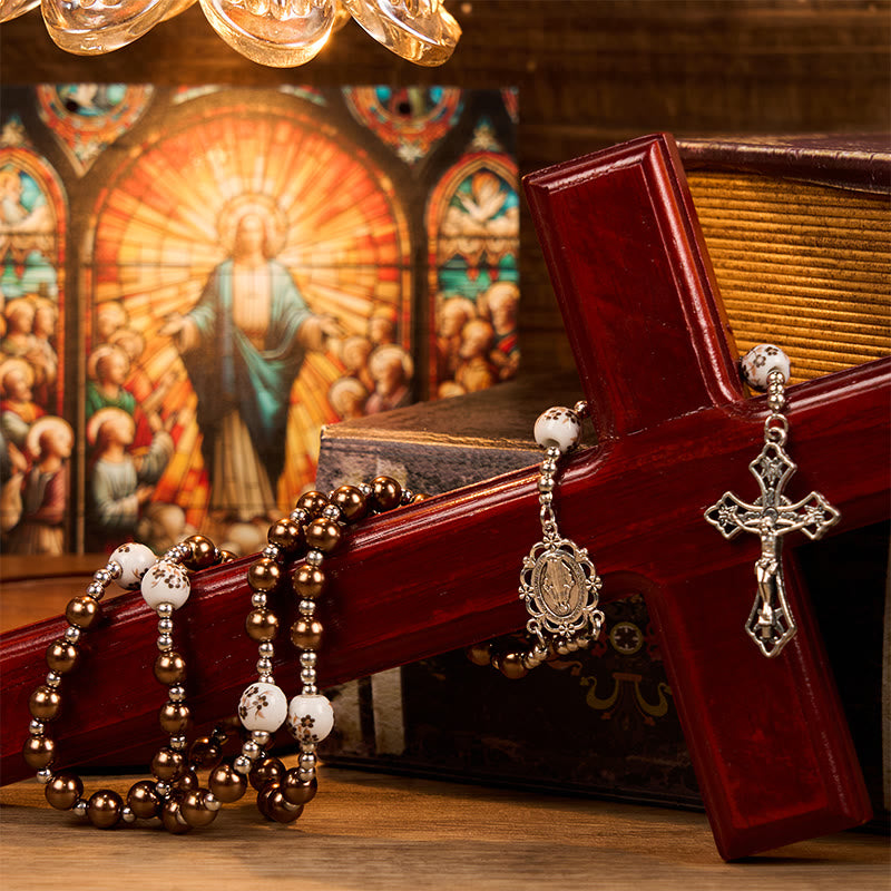 Christianartworkshop Miraculous Medal & Crucifix of 10mm Round Multicolor Pearl/Ceramics Rosary