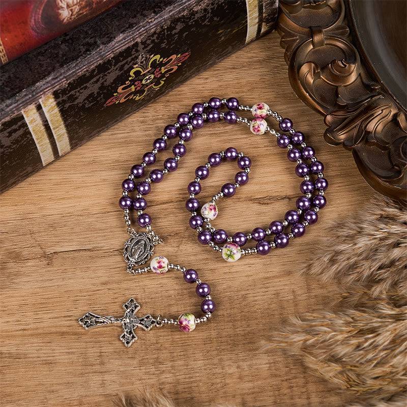 Christianartworkshop Miraculous Medal & Crucifix of 10mm Round Multicolor Pearl/Ceramics Rosary