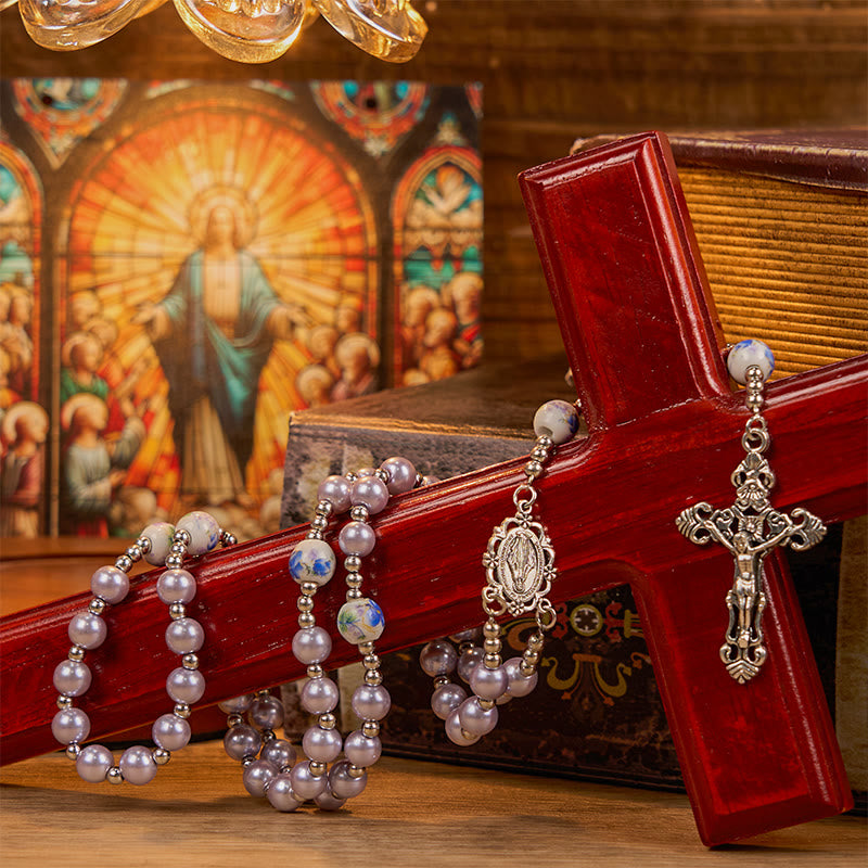 Christianartworkshop Miraculous Medal & Crucifix of 10mm Round Multicolor Pearl/Ceramics Rosary