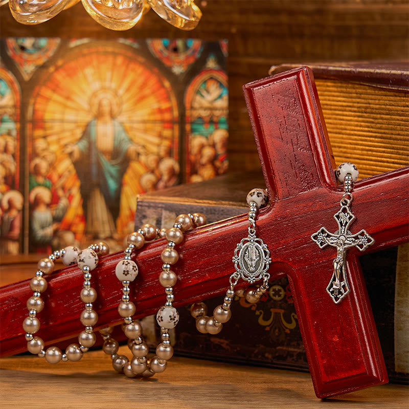 Christianartworkshop Miraculous Medal & Crucifix of 10mm Round Multicolor Pearl/Ceramics Rosary