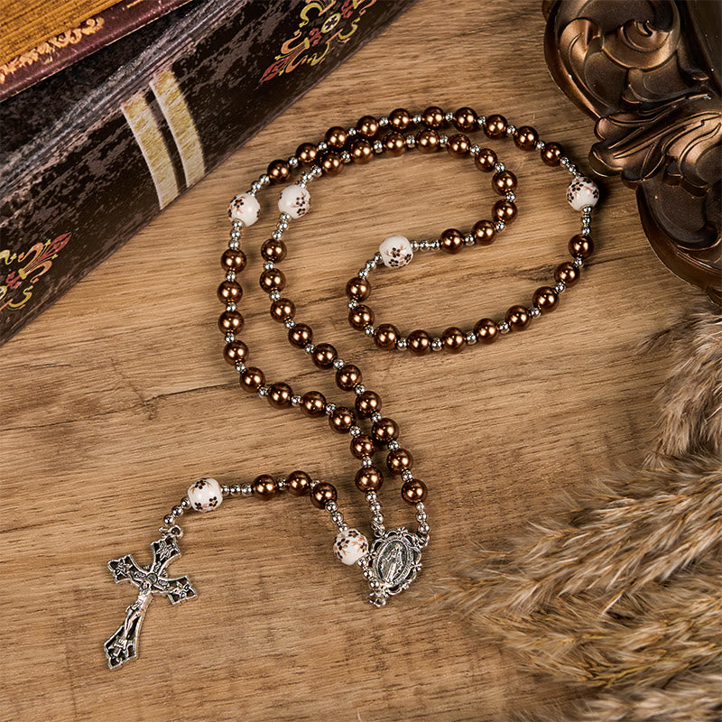 Christianartworkshop Miraculous Medal & Crucifix of 10mm Round Multicolor Pearl/Ceramics Rosary