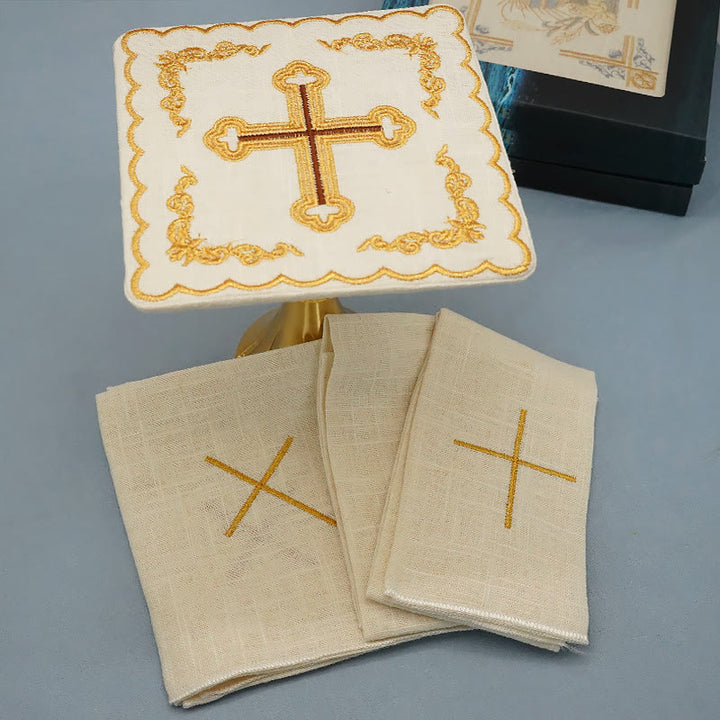 Christianartworkshop Classic Style Golden Cross Embroidered  Elegant Religious Altar Linen Set