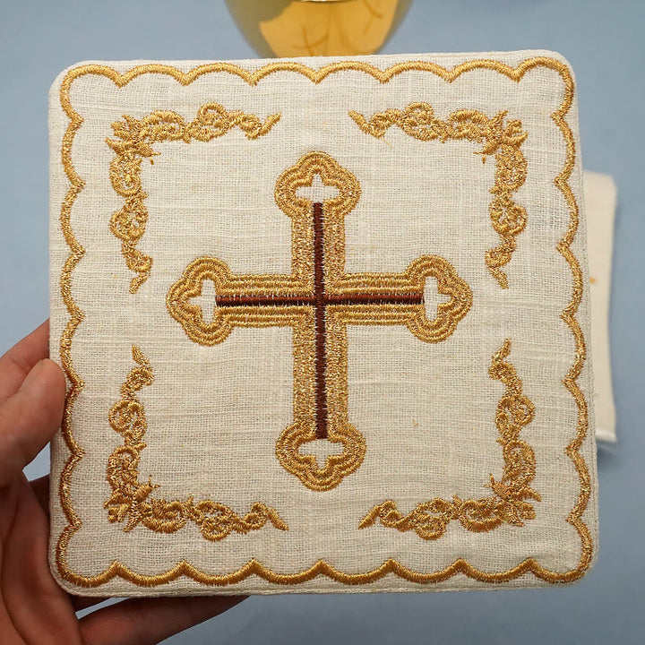 Christianartworkshop Classic Style Golden Cross Embroidered  Elegant Religious Altar Linen Set