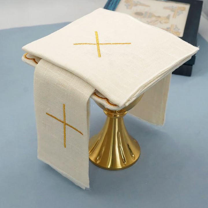 Christianartworkshop Classic Style Golden Cross Embroidered  Elegant Religious Altar Linen Set