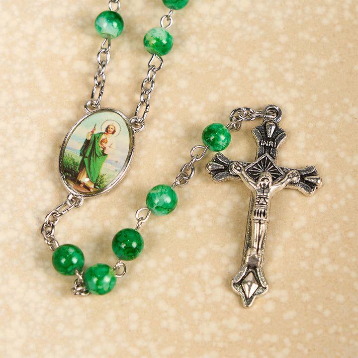 Christianartworkshop St. Jude & Crucifix of 8 mm Round Green Glass Alloy Chain Rosary - image 5