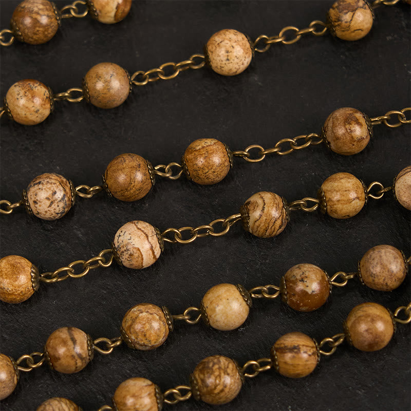 Christianartworkshop Rose & Crucifix of 8 mm Round Brown Stone Alloy Chain Rosary - image 4