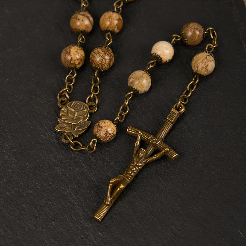 Christianartworkshop Rose & Crucifix of 8 mm Round Brown Stone Alloy Chain Rosary - image 3