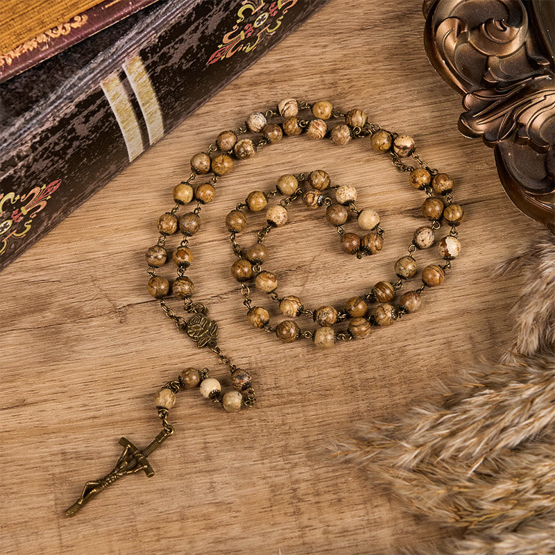 Christianartworkshop Rose & Crucifix of 8 mm Round Brown Stone Alloy Chain Rosary - image 2