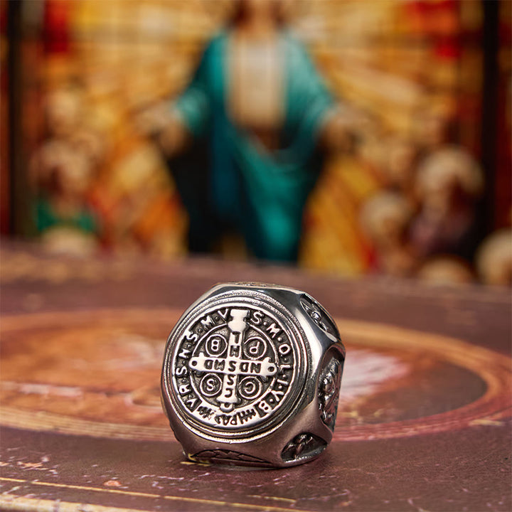 Christianartworkshop Classic Style St. Benedict Cross Divine Faith Ring - Silver - UK Size Z（US 13） - image 2