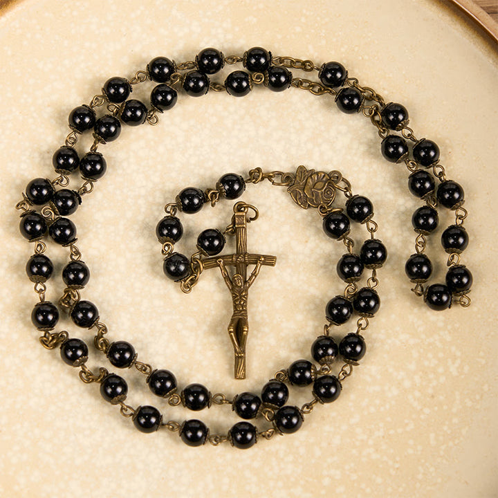 Christianartworkshop Rose & Crucifix of 10mm Round Black Stone Alloy Chain Rosary - image 2