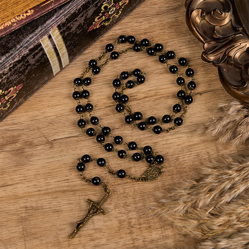 Christianartworkshop Rose & Crucifix of 10mm Round Black Stone Alloy Chain Rosary - image 1