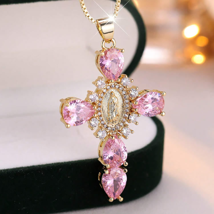 Christianartworkshop Diamond Virgin Mary Cross Necklace - Pink - image 2
