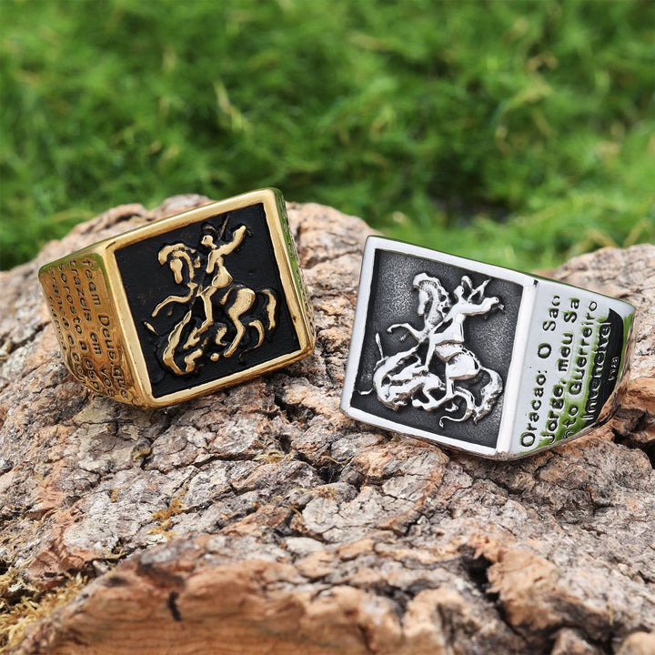Christianartworkshop Retro Classic Style St. George Warrior Slave the Dragon Divine Protection Ring - image 0
