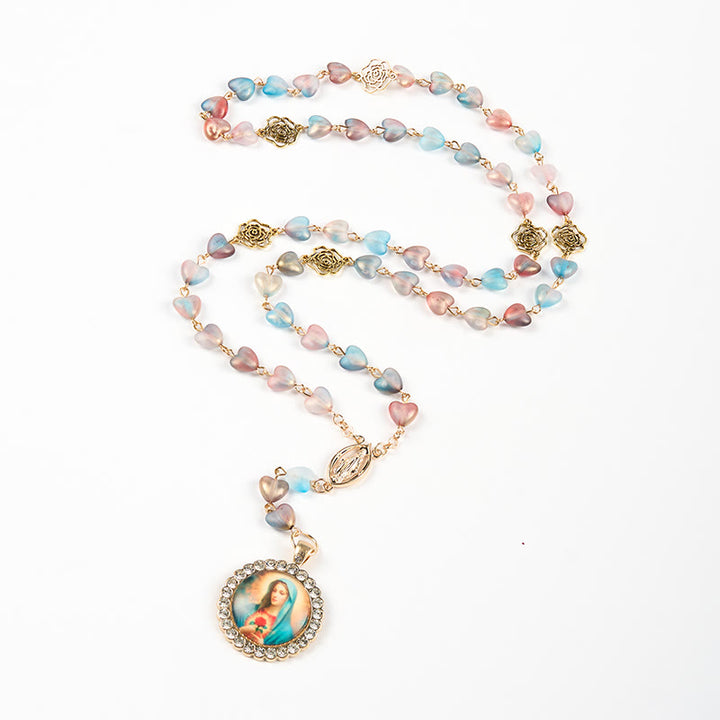 Christianartworkshop Miraculous Medal & Immaculate Heart of 10mm Heart Rose Multicolor Glass Alloy Chain Rosary - image 5