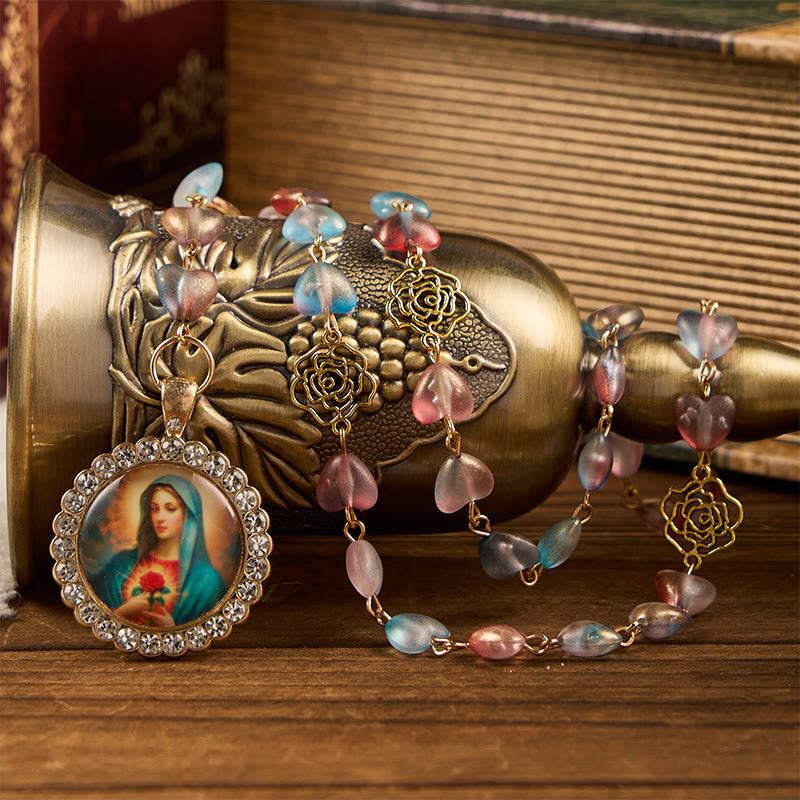 Christianartworkshop Miraculous Medal & Immaculate Heart of 10mm Heart Rose Multicolor Glass Alloy Chain Rosary - image 4