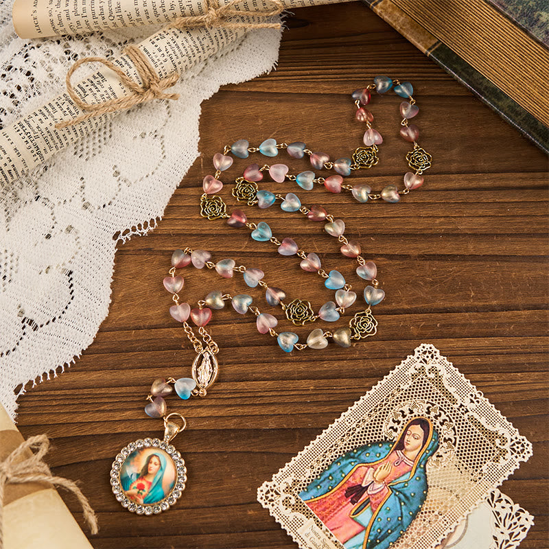 Christianartworkshop Miraculous Medal & Immaculate Heart of 10mm Heart Rose Multicolor Glass Alloy Chain Rosary - Multicolor - image 0