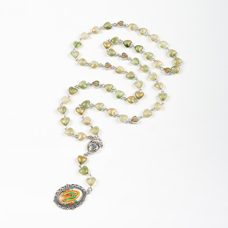 Christianartworkshop Heart of Thorns & Our Lady of Guadalupe of 10mm Heart Green Glass Alloy Chain Rosary - image 5