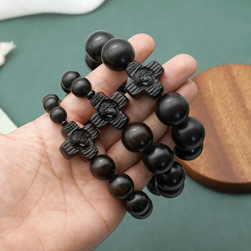 Christianartworkshop Classic Jesus Christ Cross Black Sandalwood Rosary Bracelet - image 2