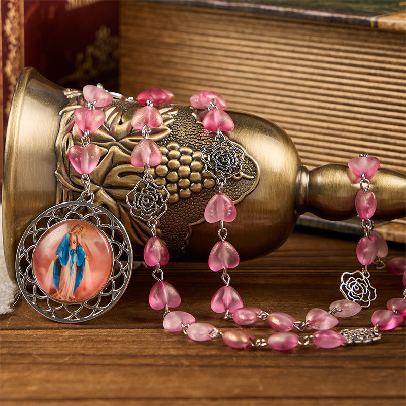 Christianartworkshop Rose & Miraculous Medal of 10mm Heart Rose Pink Glass Alloy Chain Rosary - Pink - image 0