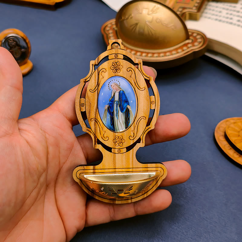 Christianartworkshop Miraculous Medal Holy Water Font Olive Wood Assumption of Our Lady  - Holy Water Font - image 0