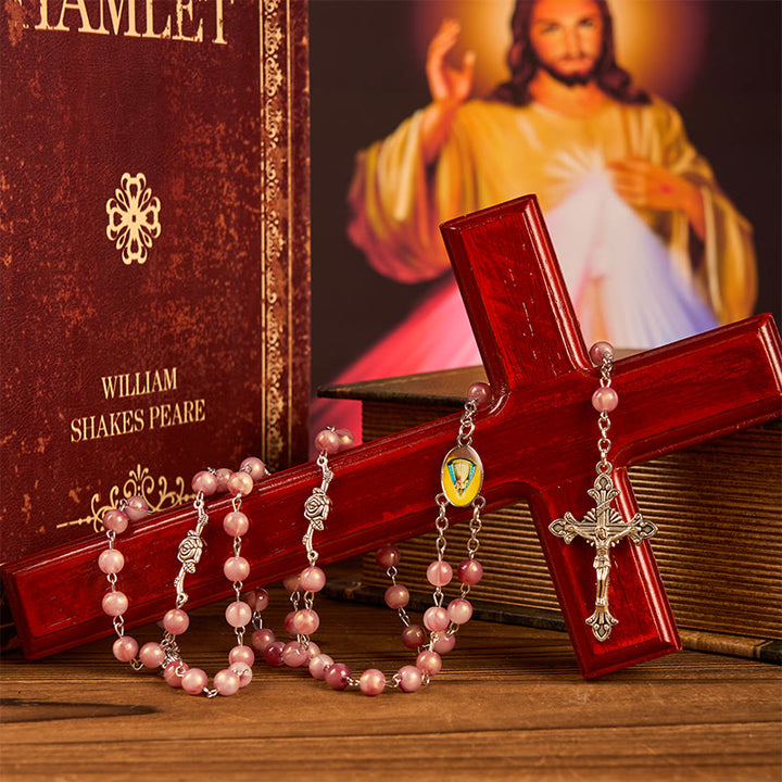 Christianartworkshop Our Lady & Crucifix of 8mm Round Rose Pink Alloy Chain Rosary - image 5