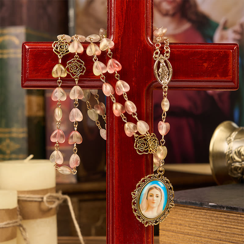 Christianartworkshop Miraculous Medal & Our Lady of 10mm Heart Rose Glass Alloy Chain Rosary - Apricot - image 0