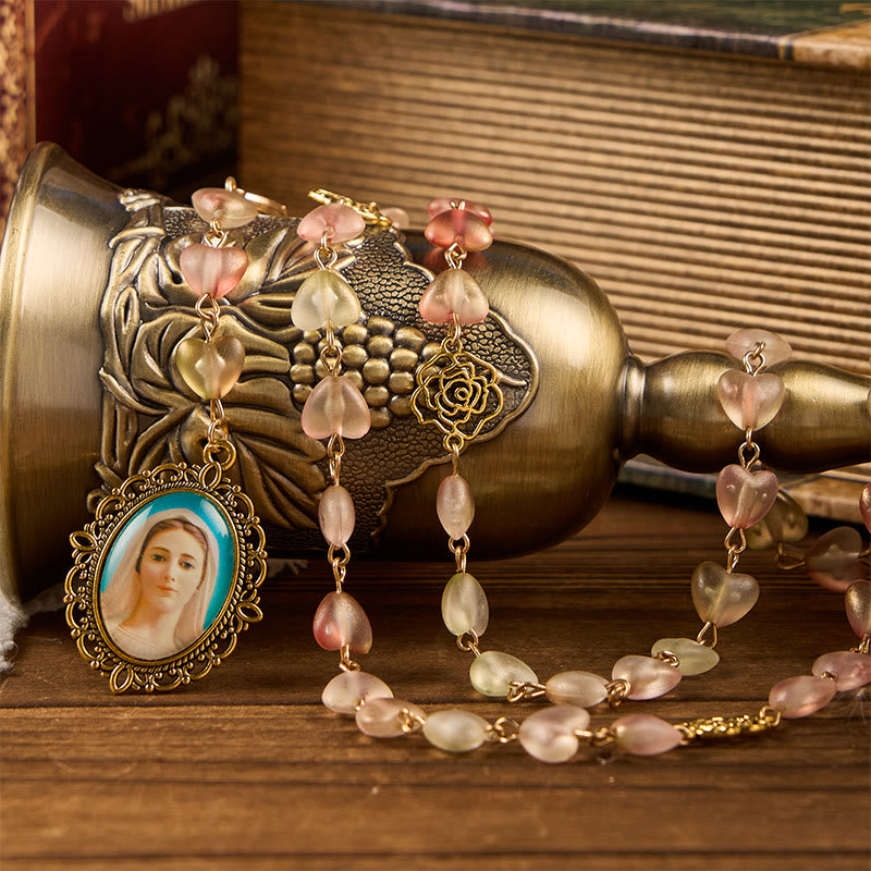 Christianartworkshop Miraculous Medal & Our Lady of 10mm Heart Rose Glass Alloy Chain Rosary - image 1