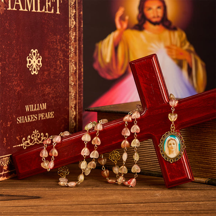 Christianartworkshop Miraculous Medal & Our Lady of 10mm Heart Rose Glass Alloy Chain Rosary - image 2