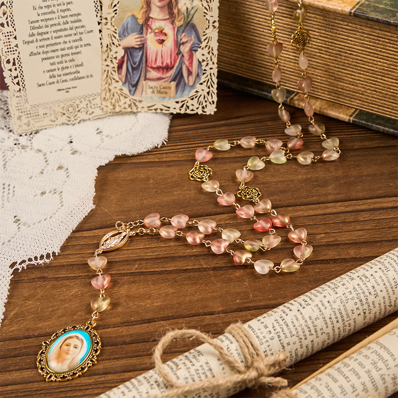 Christianartworkshop Miraculous Medal & Our Lady of 10mm Heart Rose Glass Alloy Chain Rosary - image 3