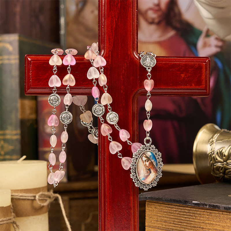 Christianartworkshop Praying Mary & Our Lady of 10mm Heart Rose Glass Pink Alloy Chain Rosary - image 3