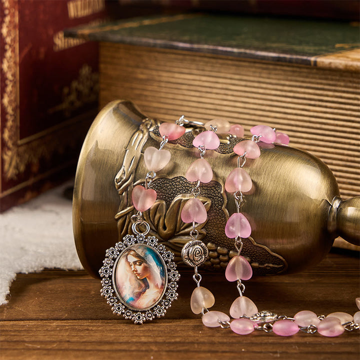 Christianartworkshop Praying Mary & Our Lady of 10mm Heart Rose Glass Pink Alloy Chain Rosary - image 1