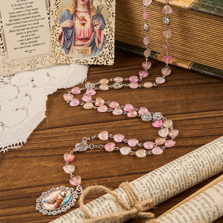 Christianartworkshop Praying Mary & Our Lady of 10mm Heart Rose Glass Pink Alloy Chain Rosary - Pink - image 0