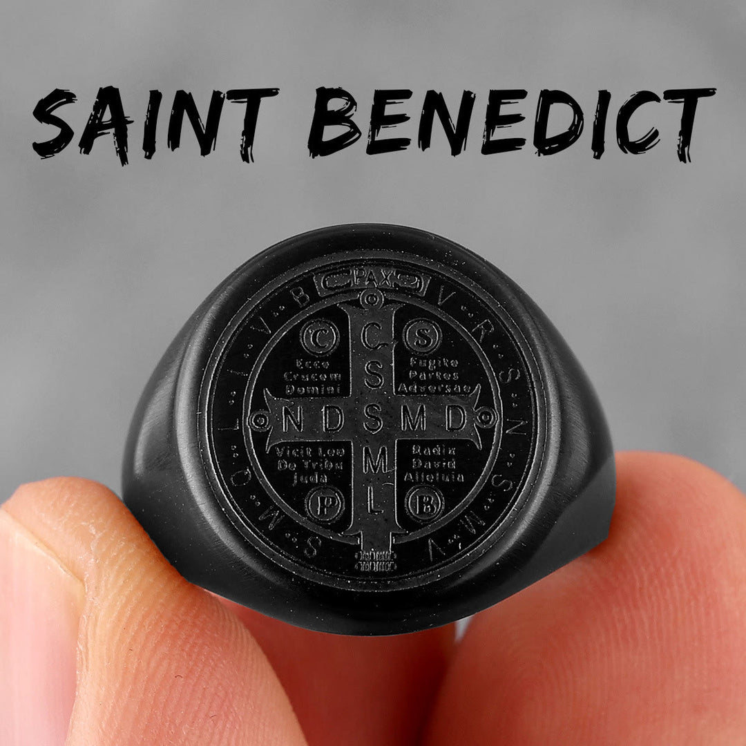 Christianartworkshop 8 Styles Retro Classic St. Benedict Symbol Engraved Protection Ring - Black - UK Size Z+1（US 14） - image 4