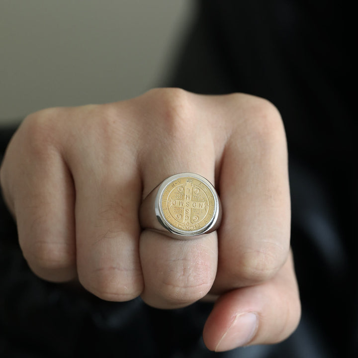 Christianartworkshop 8 Styles Retro Classic St. Benedict Symbol Engraved Protection Ring - Silver-gold-1 - US 10 - image 5